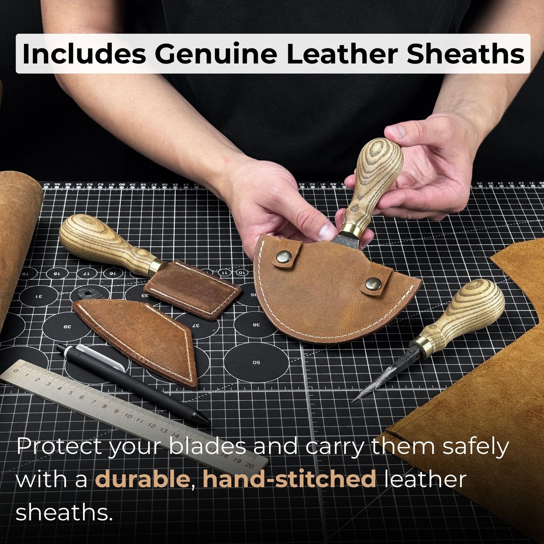 4-Piece Leather Tool Set with Leather Sheaths detail view by Sharky Forged Steel Tools