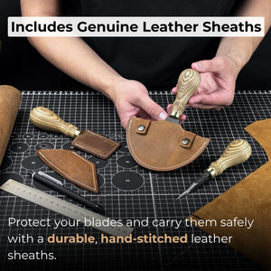 4-Piece Leather Tool Set with Leather Sheaths detail view by Sharky Forged Steel Tools