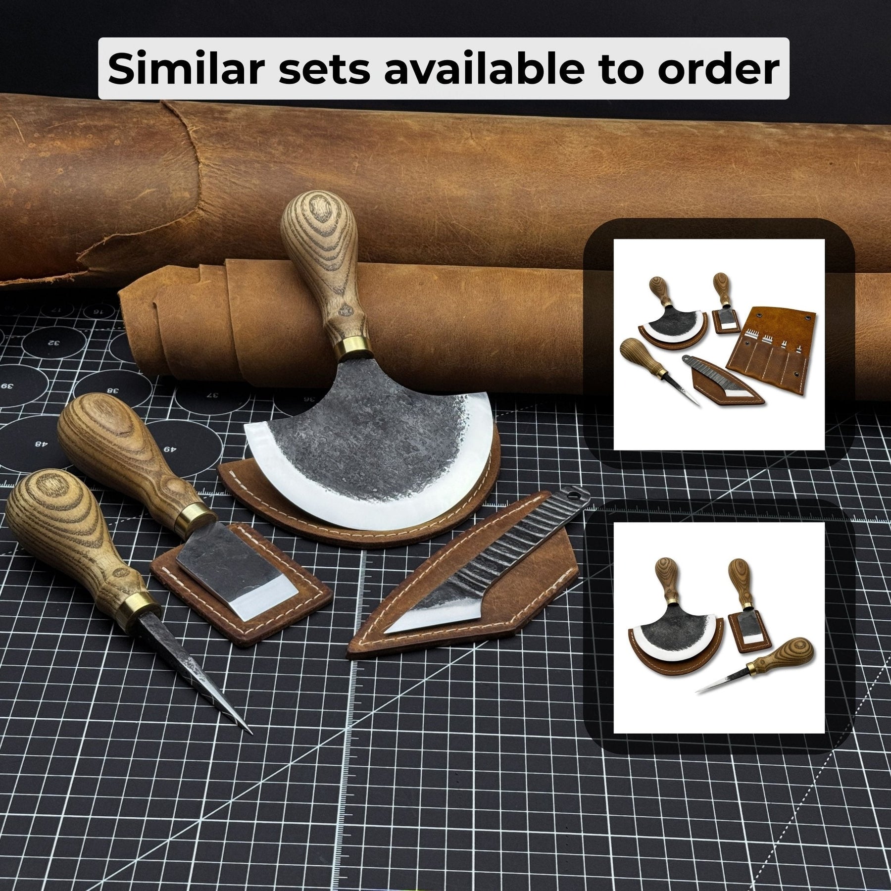 4-Piece Leather Tool Set with Leather Sheaths detail view by Sharky Forged Steel Tools