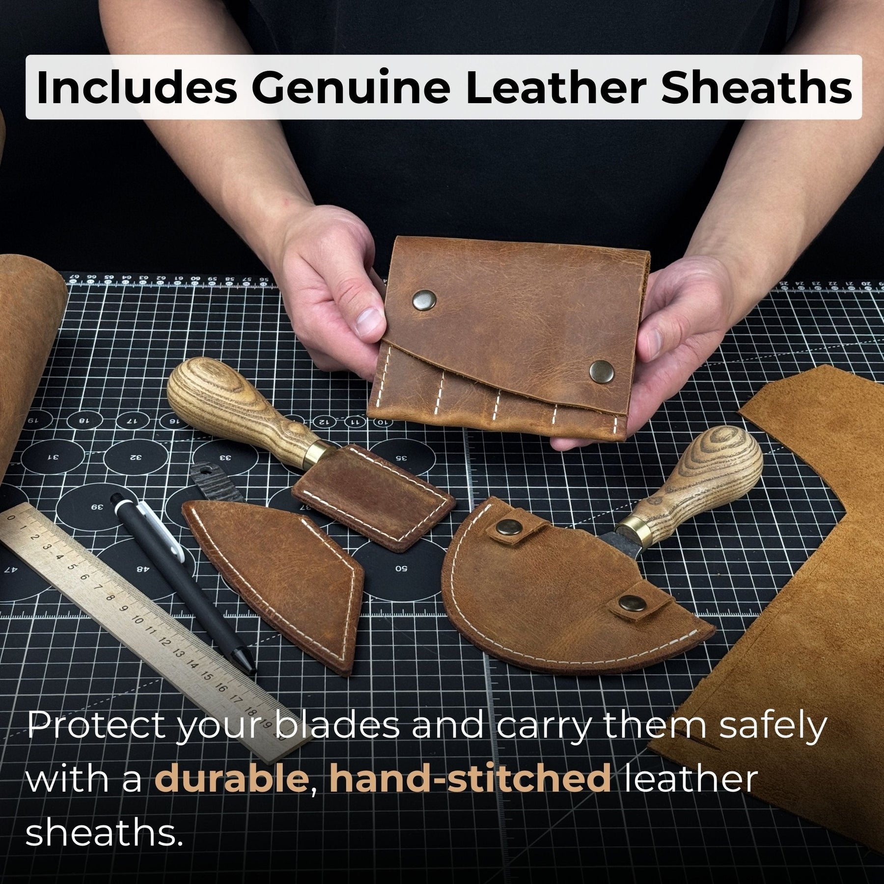 4-Piece Leatherworking Tool Set with Leather Sheaths detail view by Sharky Forged Steel Tools