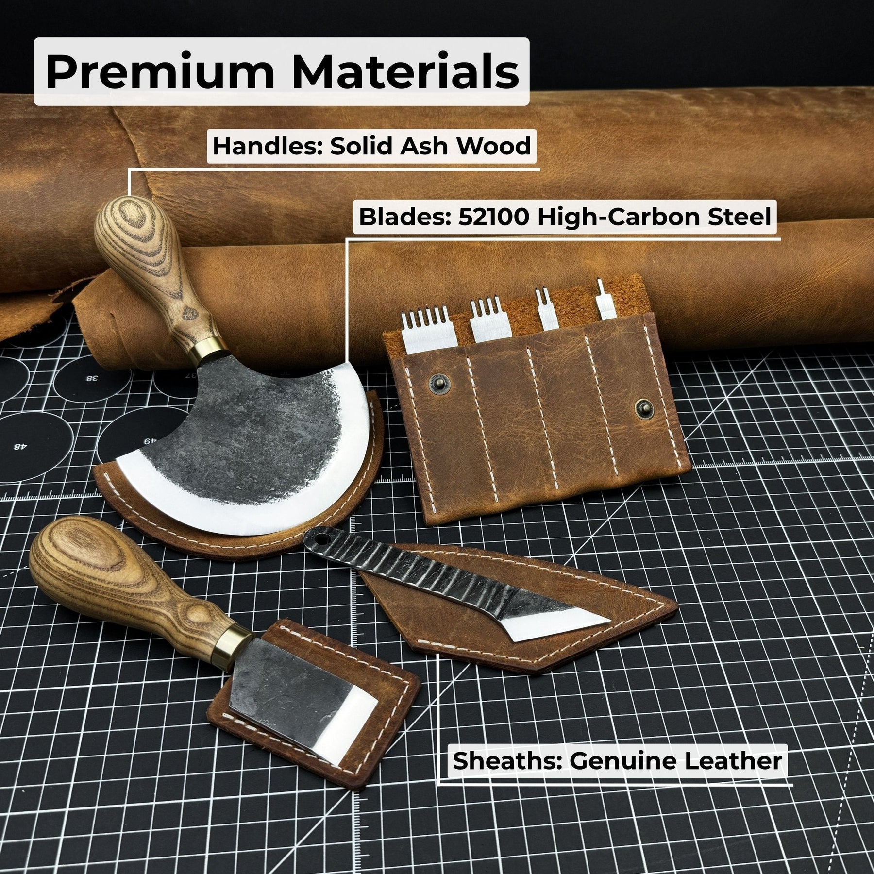 4-Piece Leatherworking Tool Set with Leather Sheaths detail view by Sharky Forged Steel Tools