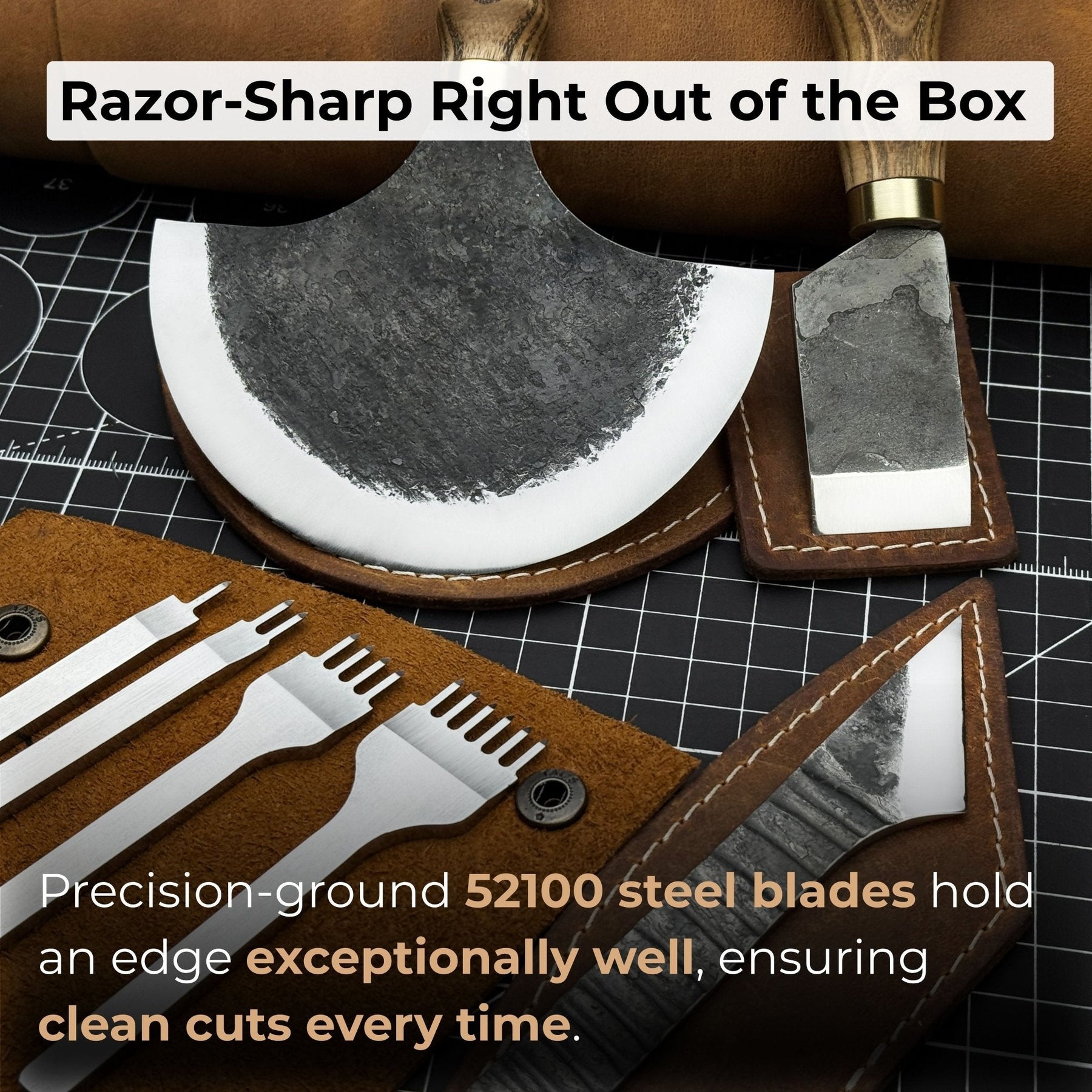 4-Piece Leatherworking Tool Set with Leather Sheaths detail view by Sharky Forged Steel Tools