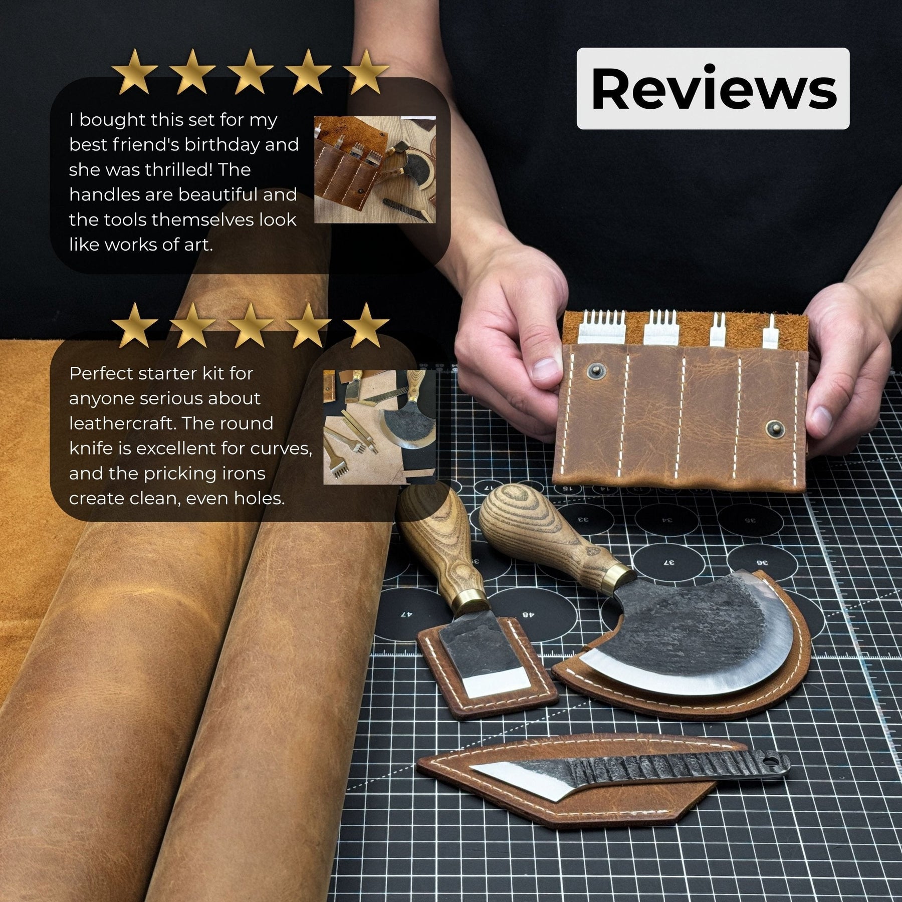 4-Piece Leatherworking Tool Set with Leather Sheaths detail view by Sharky Forged Steel Tools