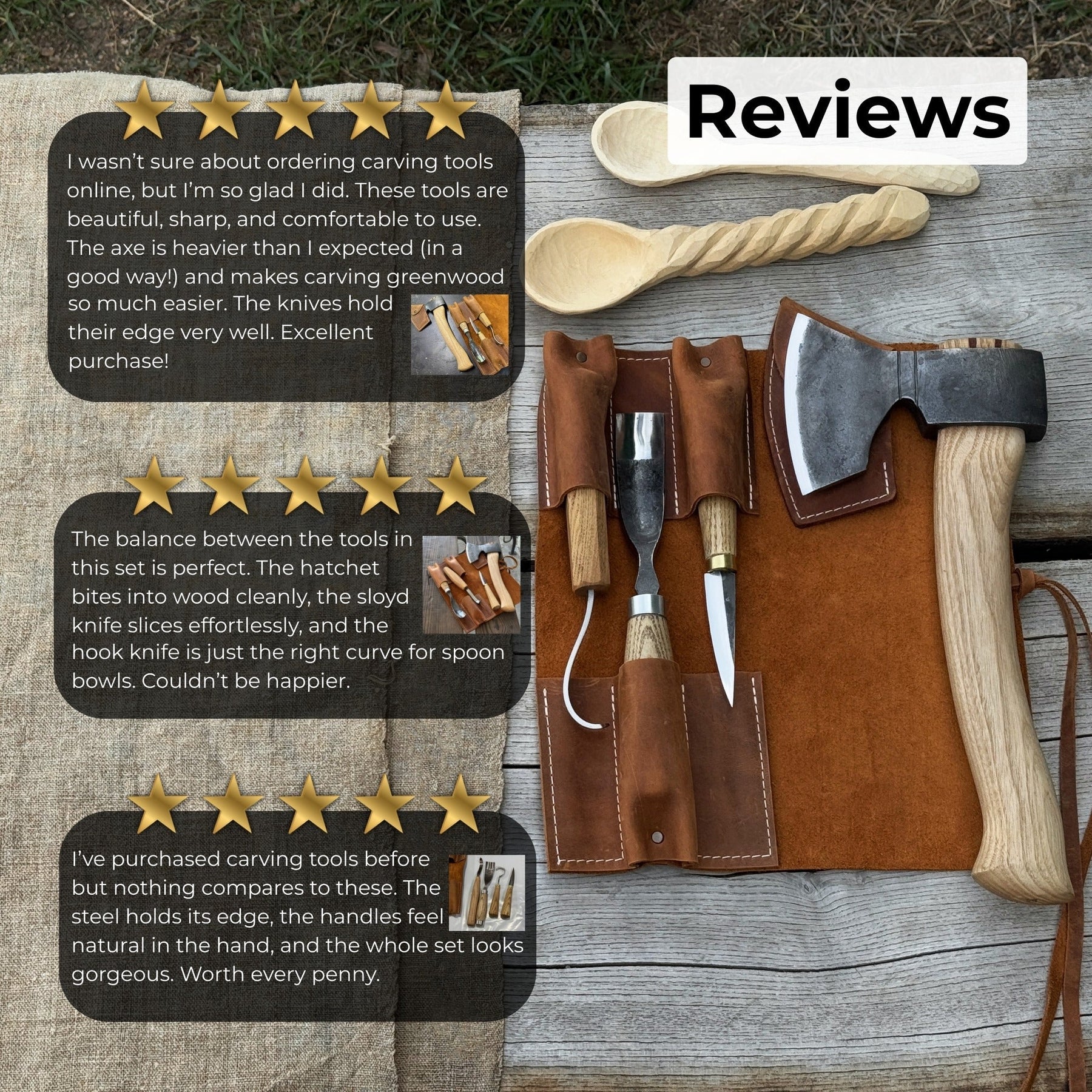 4-Piece Spoon Carving Tool Set detail view by Sharky Forged Steel Tools