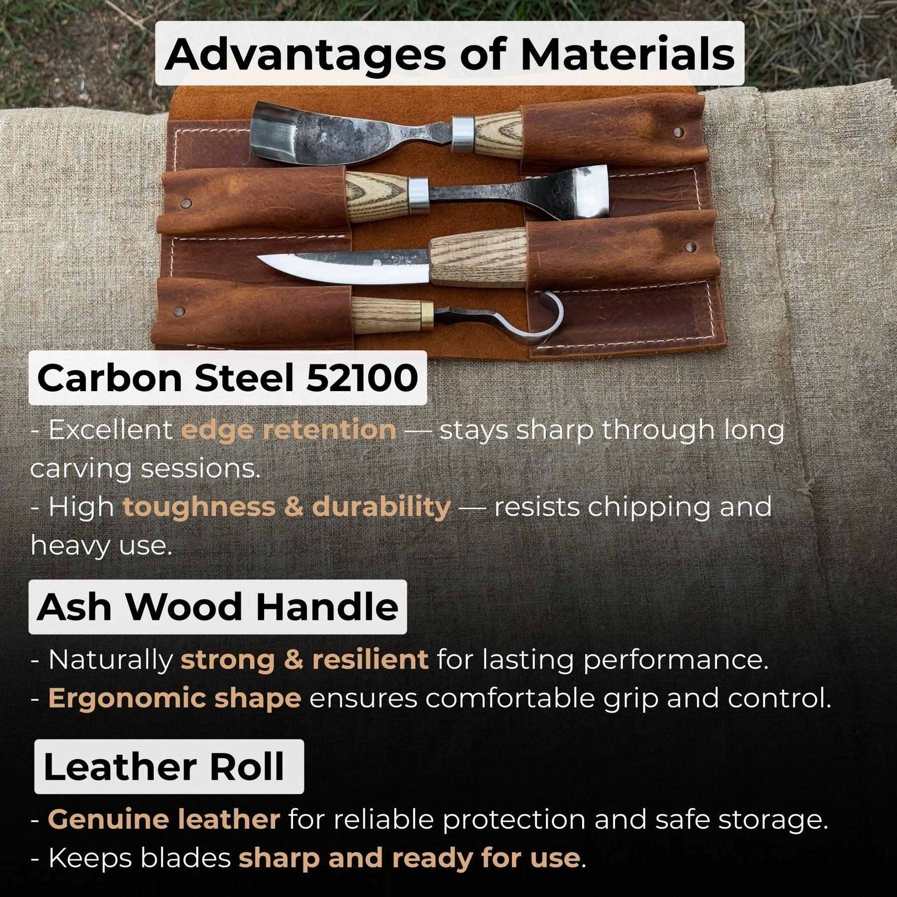 4-Piece Spoon Carving Tool Set with Leather Roll detail view by Sharky Forged Steel Tools