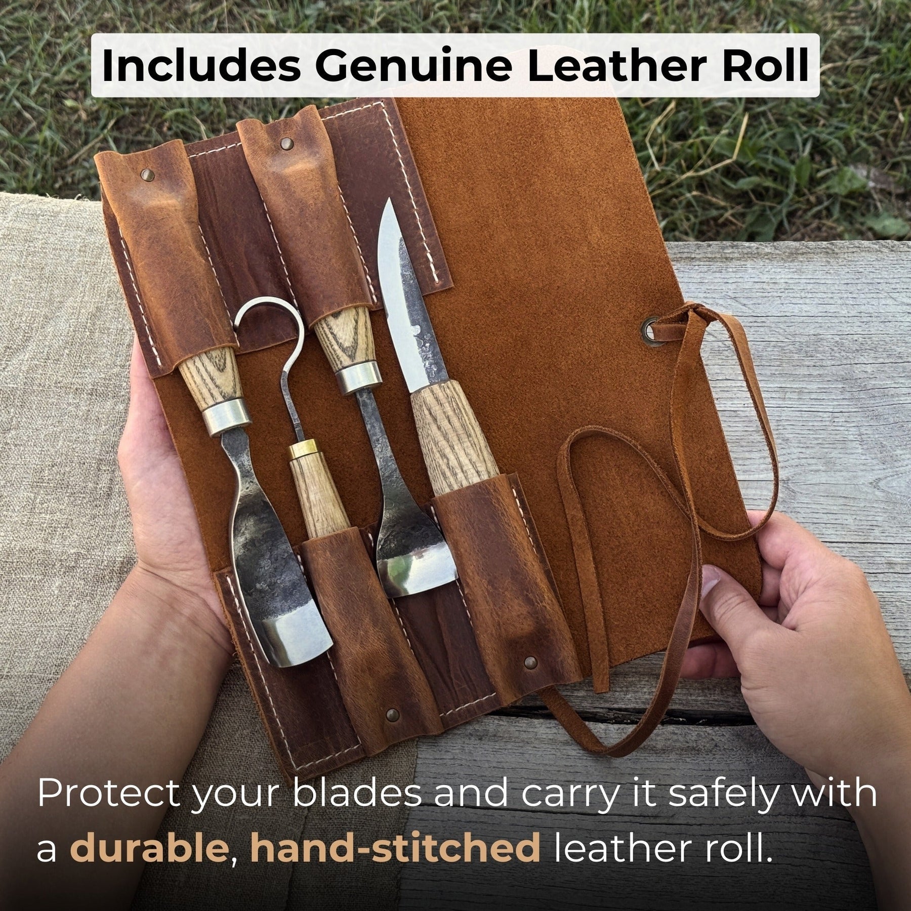 4-Piece Spoon Carving Tool Set with Leather Roll detail view by Sharky Forged Steel Tools