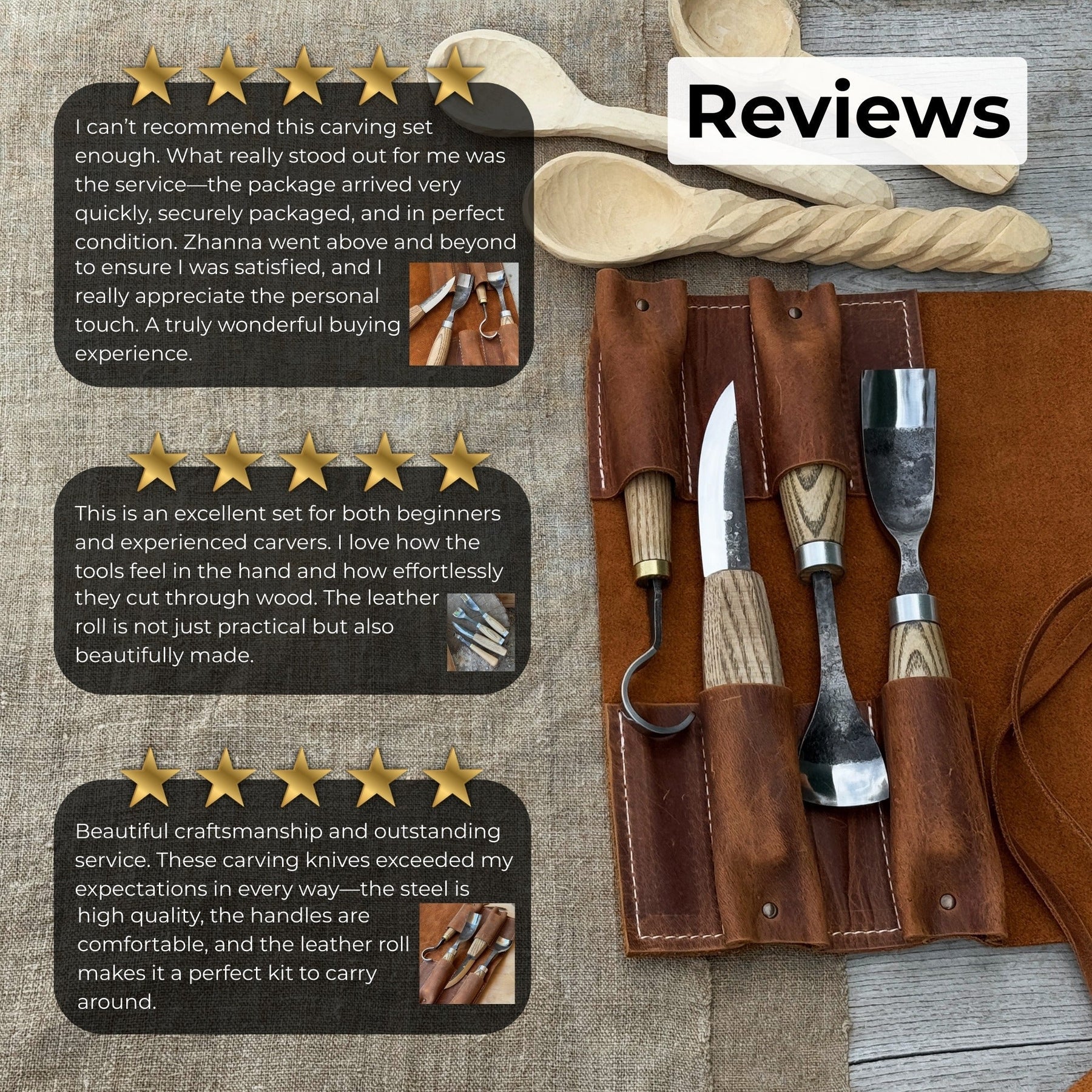 4-Piece Spoon Carving Tool Set with Leather Roll detail view by Sharky Forged Steel Tools