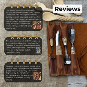 4-Piece Spoon Carving Tool Set with Leather Roll detail view by Sharky Forged Steel Tools