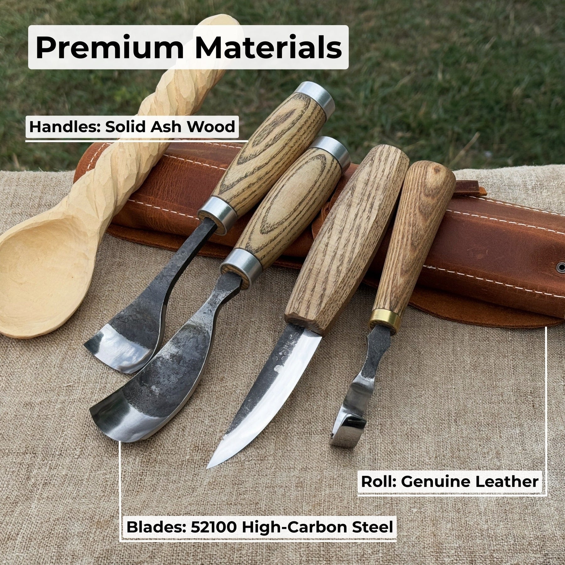 4-Piece Spoon Carving Tool Set with Leather Roll detail view by Sharky Forged Steel Tools