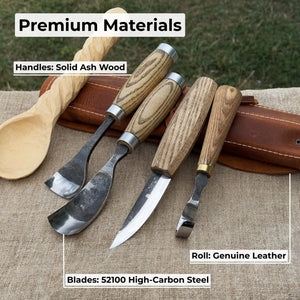4-Piece Spoon Carving Tool Set with Leather Roll detail view by Sharky Forged Steel Tools