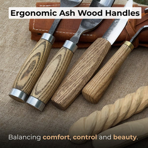 4-Piece Spoon Carving Tool Set with Leather Roll detail view by Sharky Forged Steel Tools