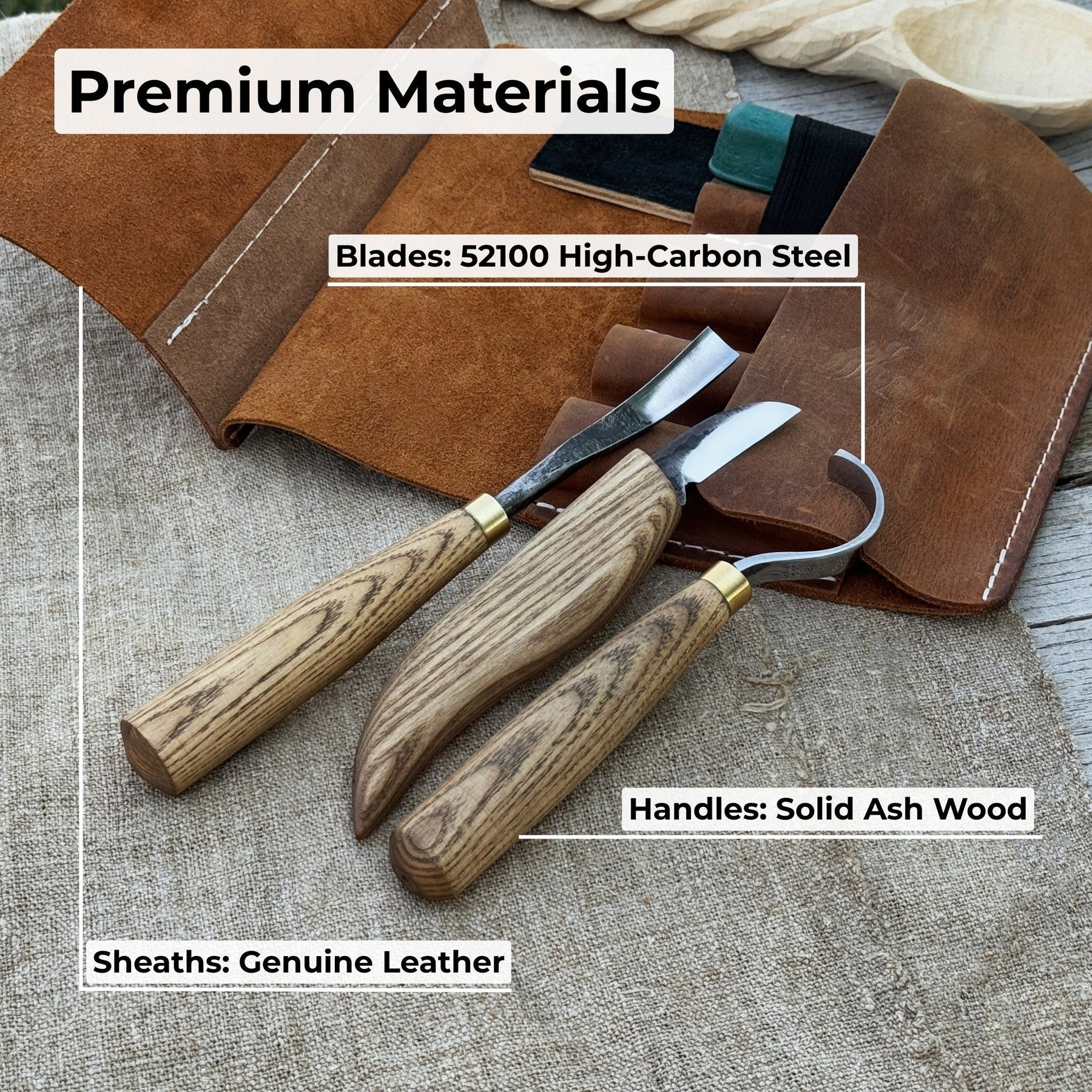 4-Piece Spoon Carving Tool Set with Sharpening Board detail view by Sharky Forged Steel Tools
