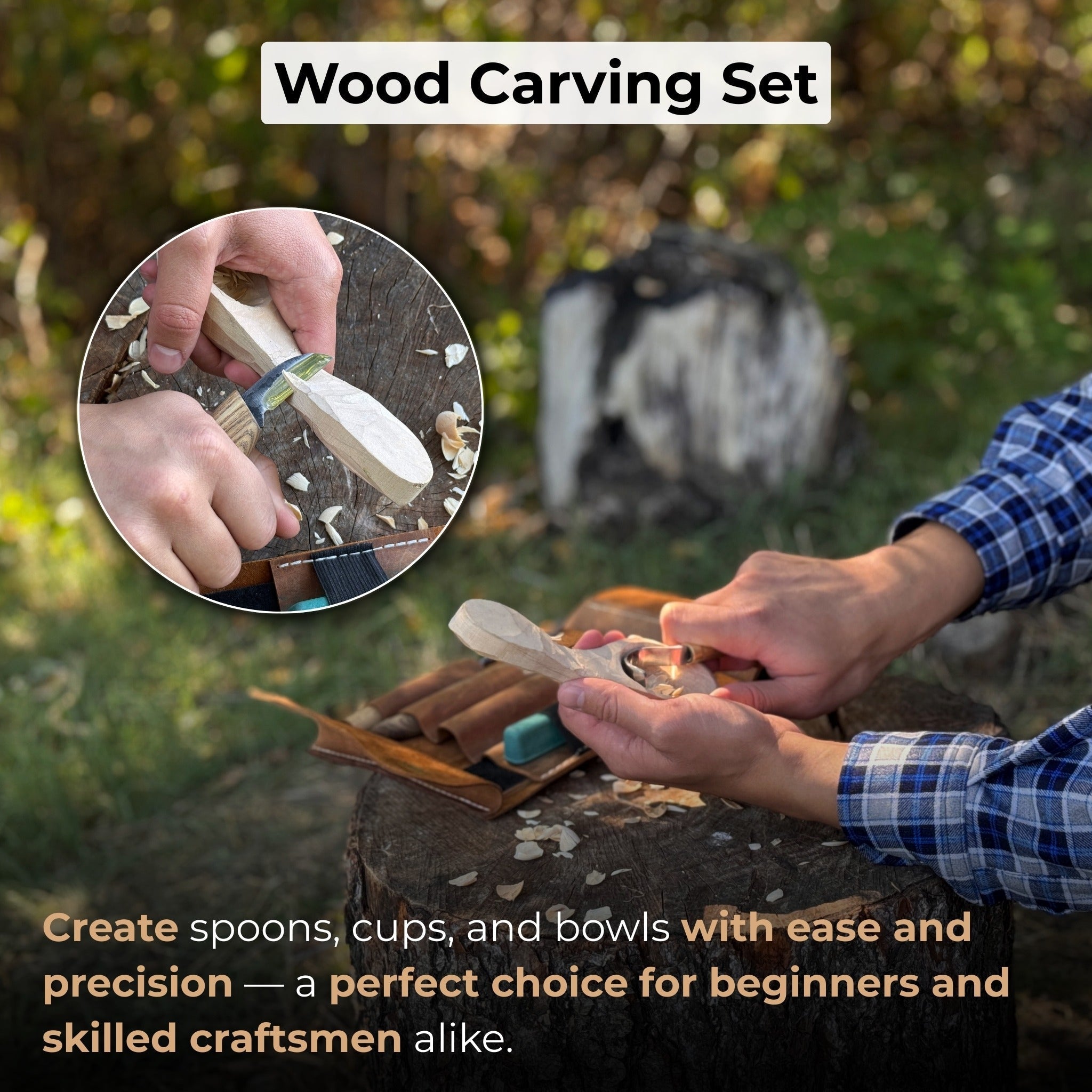 4-Piece Spoon Carving Tool Set with Sharpening Board detail view by Sharky Forged Steel Tools