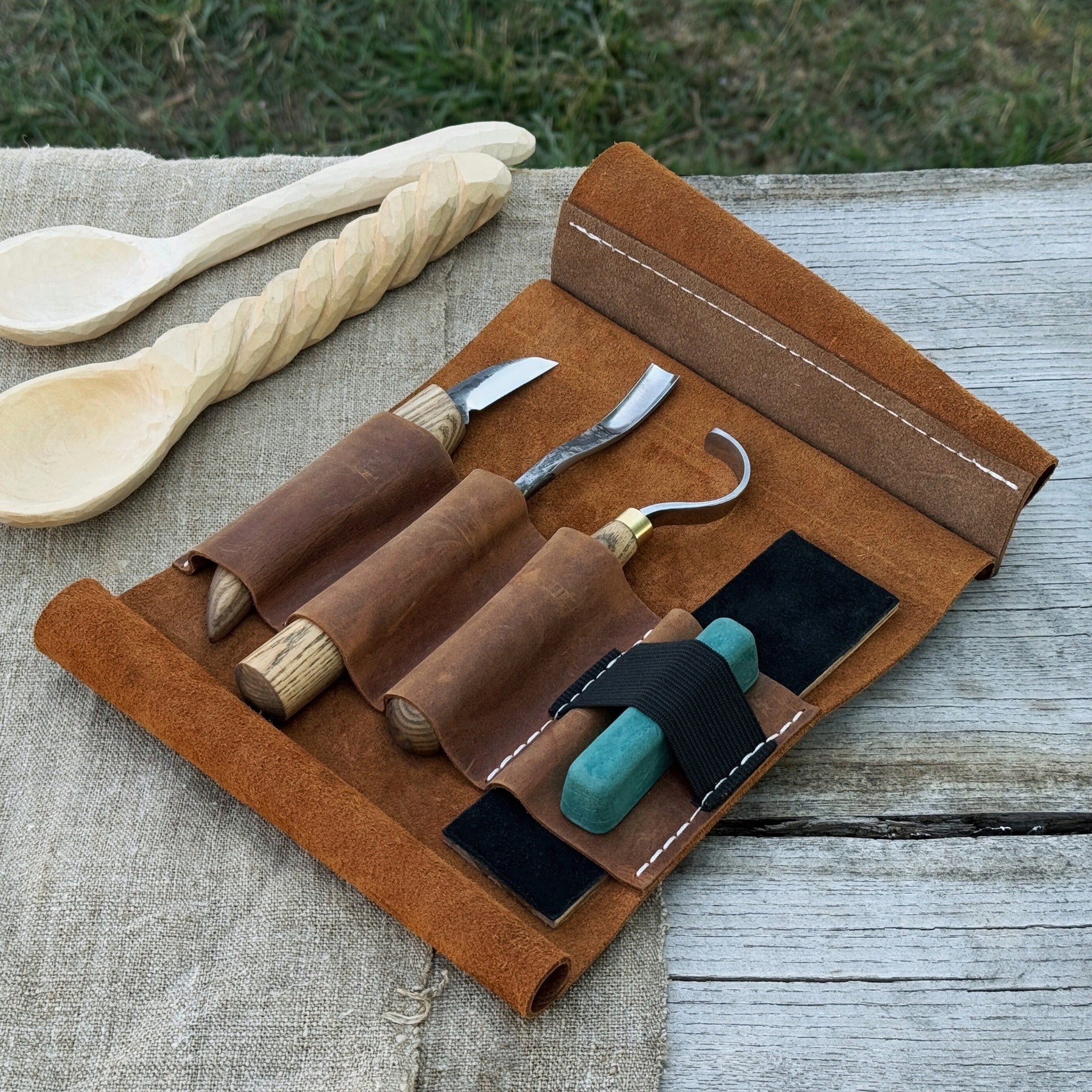 4-Piece Spoon Carving Tool Set with Sharpening Board by Sharky Forged Steel Tools