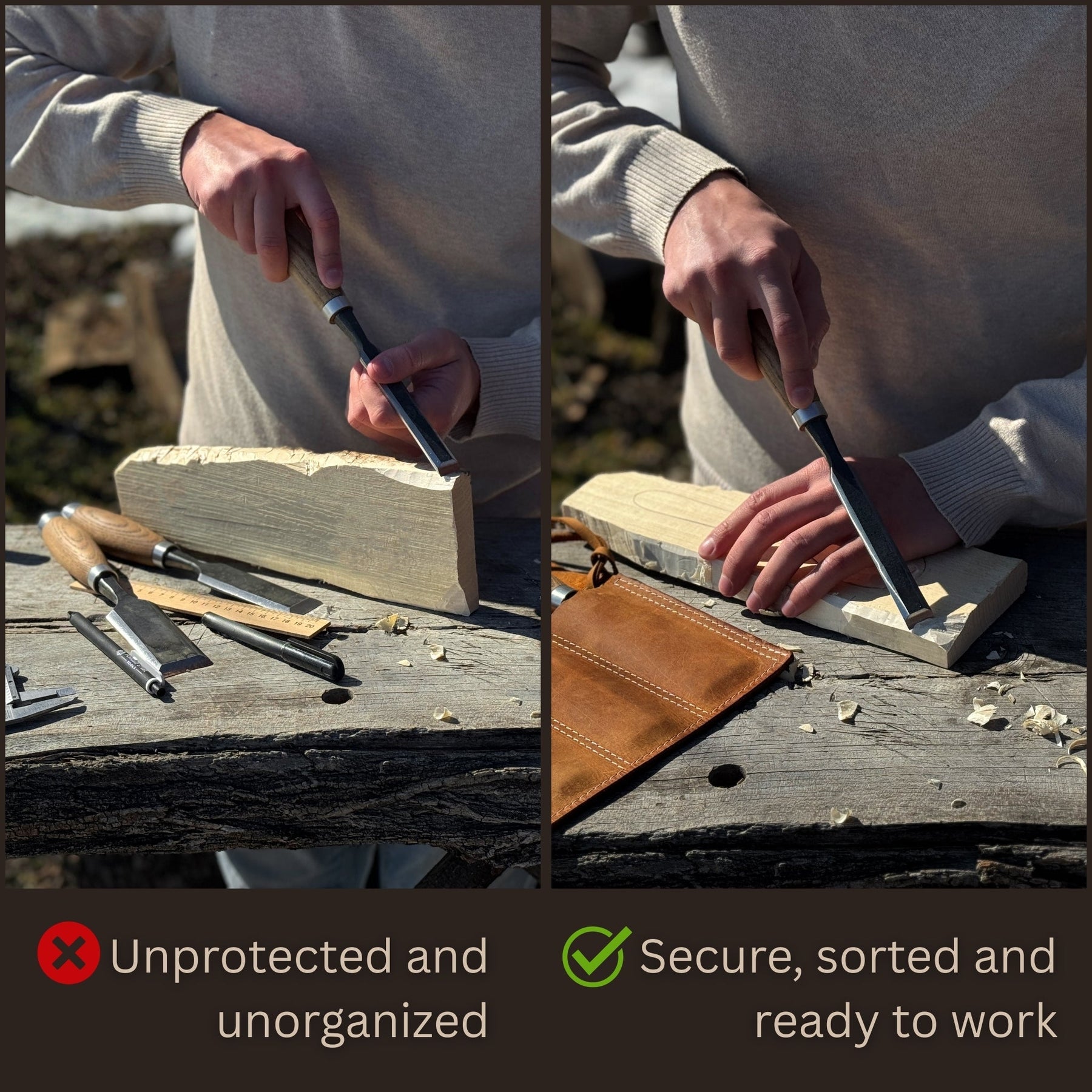 4 Pocket Leather Chisel Roll detail view by Sharky Forged Steel Tools