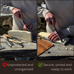4 Pocket Leather Chisel Roll detail view by Sharky Forged Steel Tools