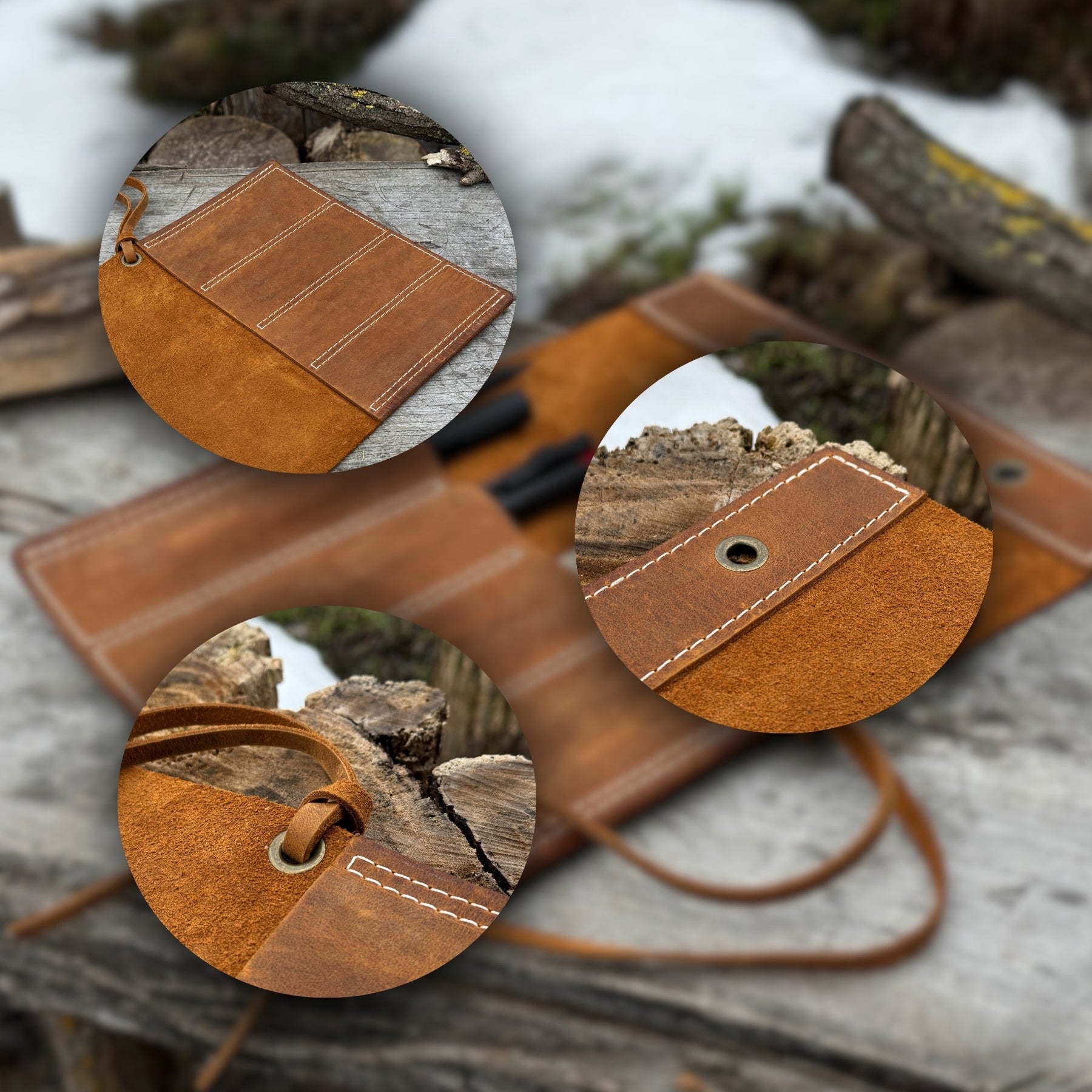 4 Pocket Leather Chisel Roll detail view by Sharky Forged Steel Tools