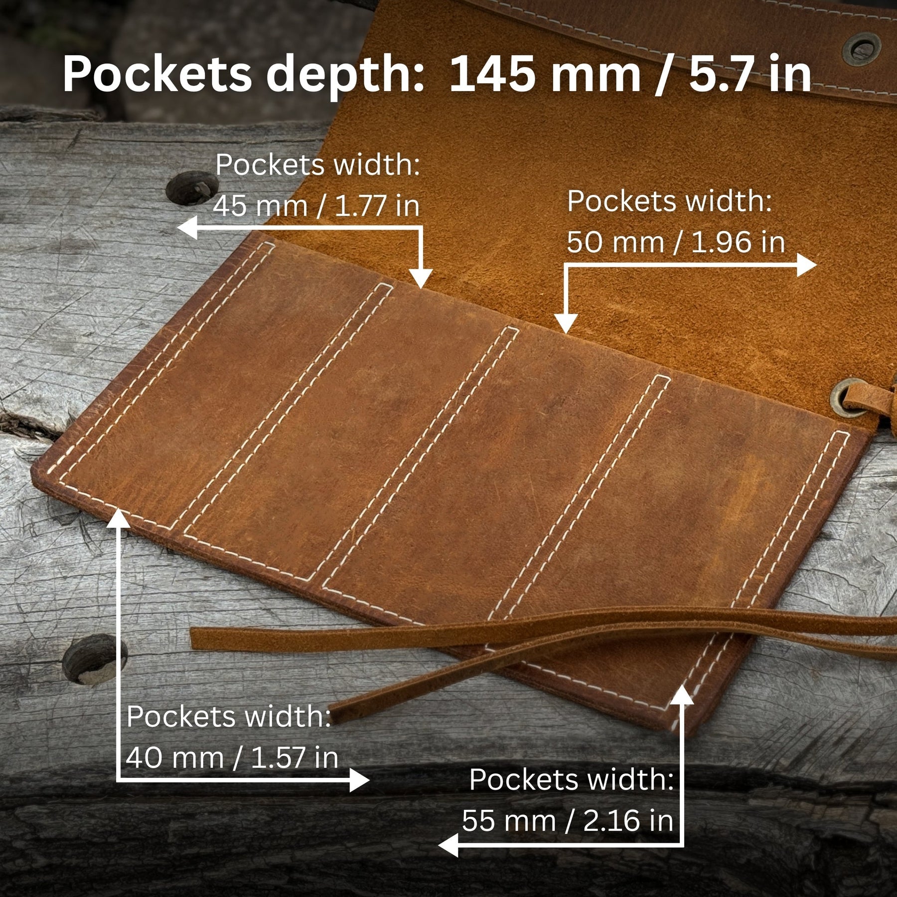 4 Pocket Leather Chisel Roll detail view by Sharky Forged Steel Tools