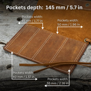 4 Pocket Leather Chisel Roll detail view by Sharky Forged Steel Tools