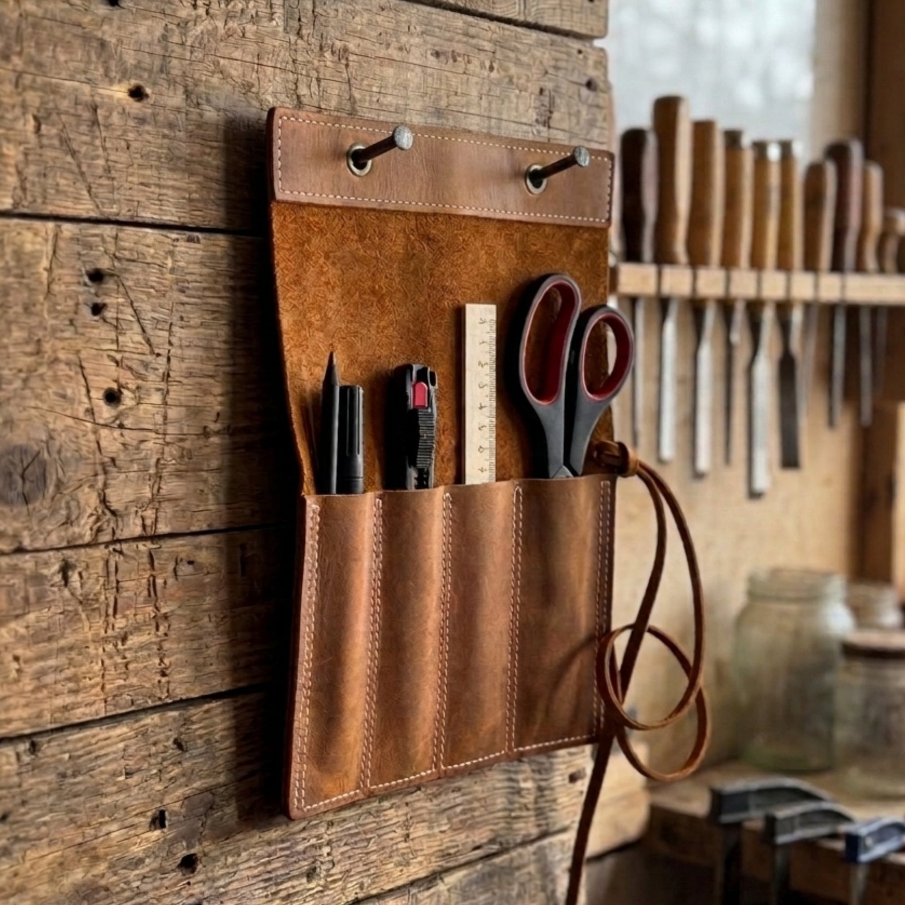 4 Pocket Leather Chisel Roll detail view by Sharky Forged Steel Tools