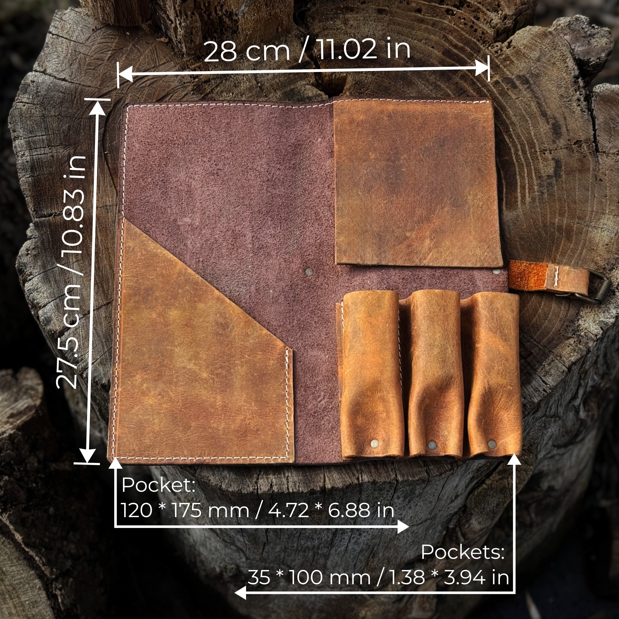 4 Pocket Leather Tool Roll for Carving Tools detail view by Sharky Forged Steel Tools