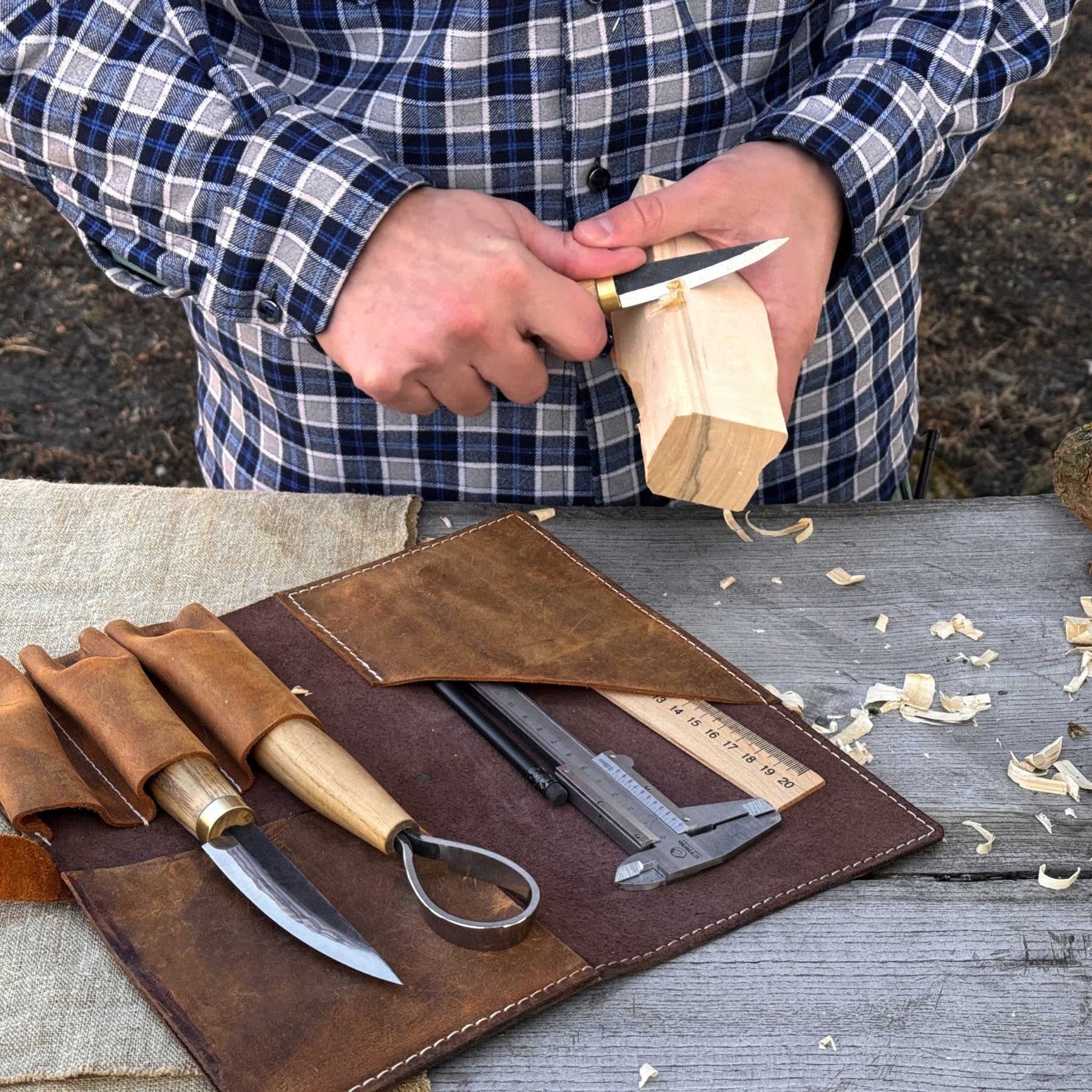 4 Pocket Leather Tool Roll for Carving Tools detail view by Sharky Forged Steel Tools
