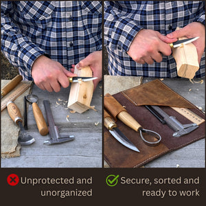 4 Pocket Leather Tool Roll for Carving Tools detail view by Sharky Forged Steel Tools