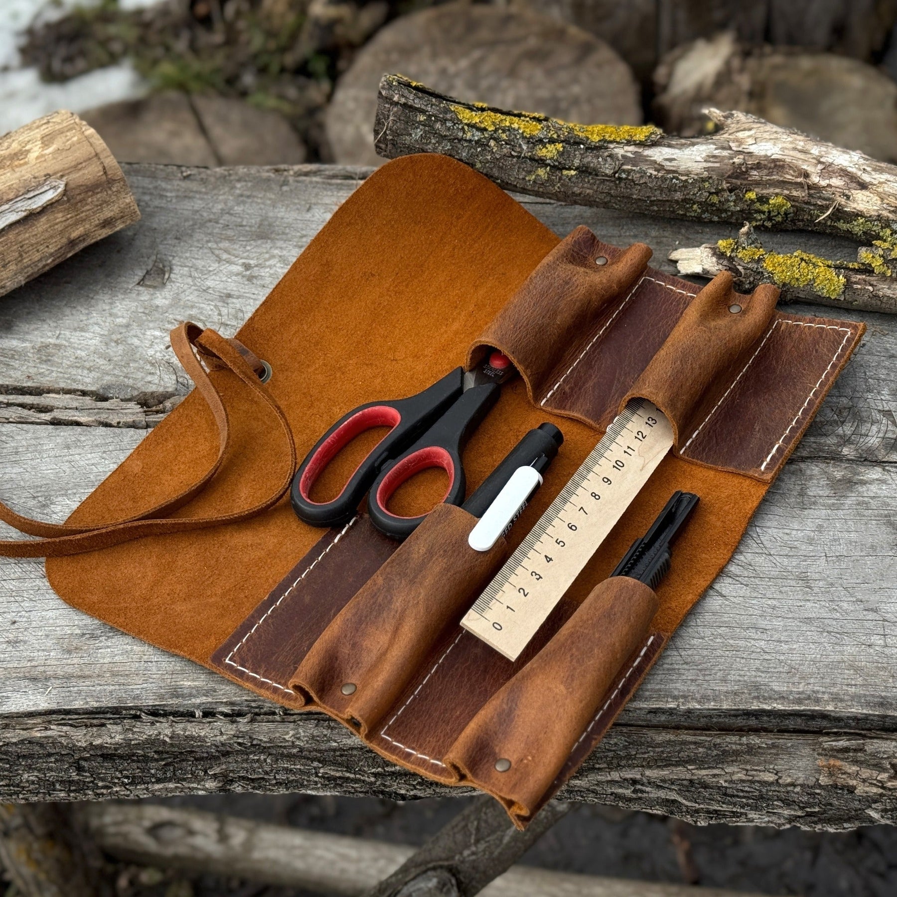 4 Pocket Leather Tool Roll detail view by Sharky Forged Steel Tools