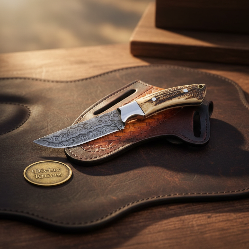 Antler Drop Point Damascus Hunter Knife by Divine Knives