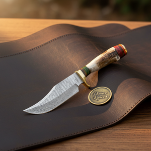 Stag Antler Skinning Knife with Hand Forged Curved Blade & Leather Belt Sheath