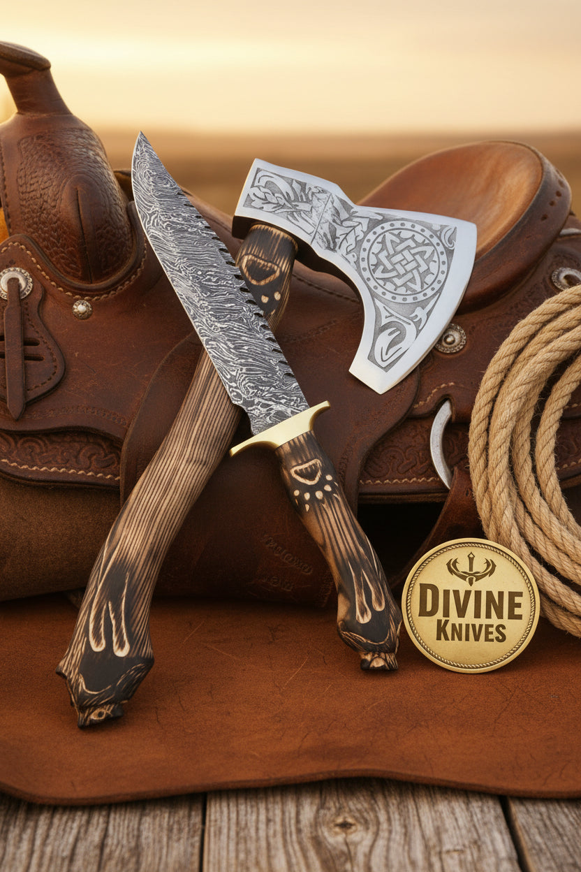 Wolf Head Damascus Bowie Knife with Matching Celtic Tomahawk Axe detail view by Divine Knives