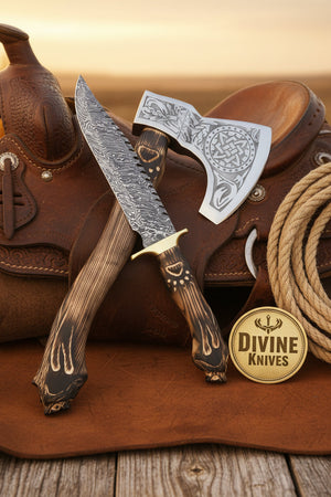 Wolf Head Damascus Bowie Knife with Matching Celtic Tomahawk Axe detail view by Divine Knives