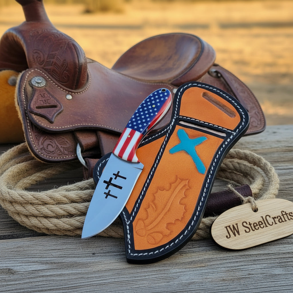 Liberty Cross Ranch Knife 7" Handmade American Flag, Engraved