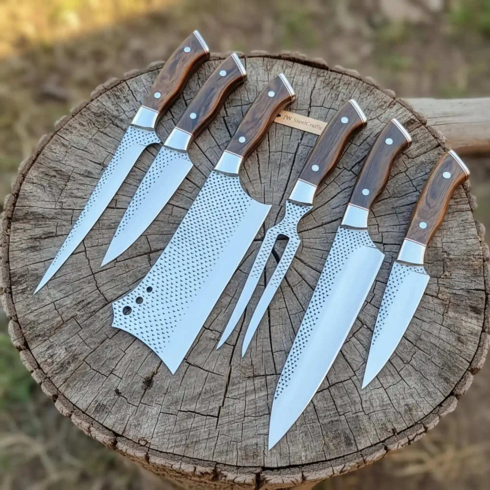 6-Piece Rasp Steel Kitchen Knife Set with Carving Fork — Natural Wood Red Spacer Handles, Steel Bolsters, 7 to 13 Inch by JW SteelCrafts, Damascus knife main product photo