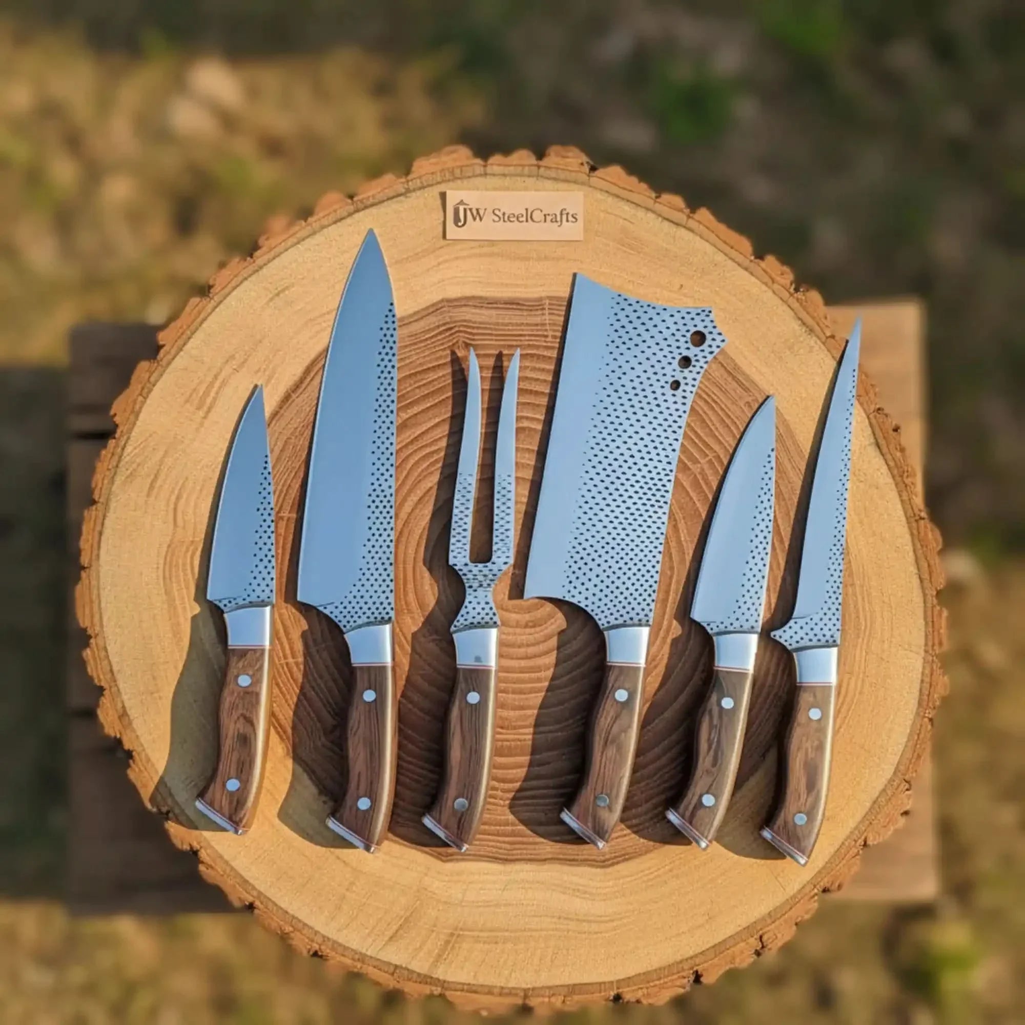 6-Piece Rasp Steel Kitchen Knife Set with Carving Fork — Natural Wood Red Spacer Handles, Steel Bolsters, 7 to 13 Inch by JW SteelCrafts, Damascus knife detail photo 2
