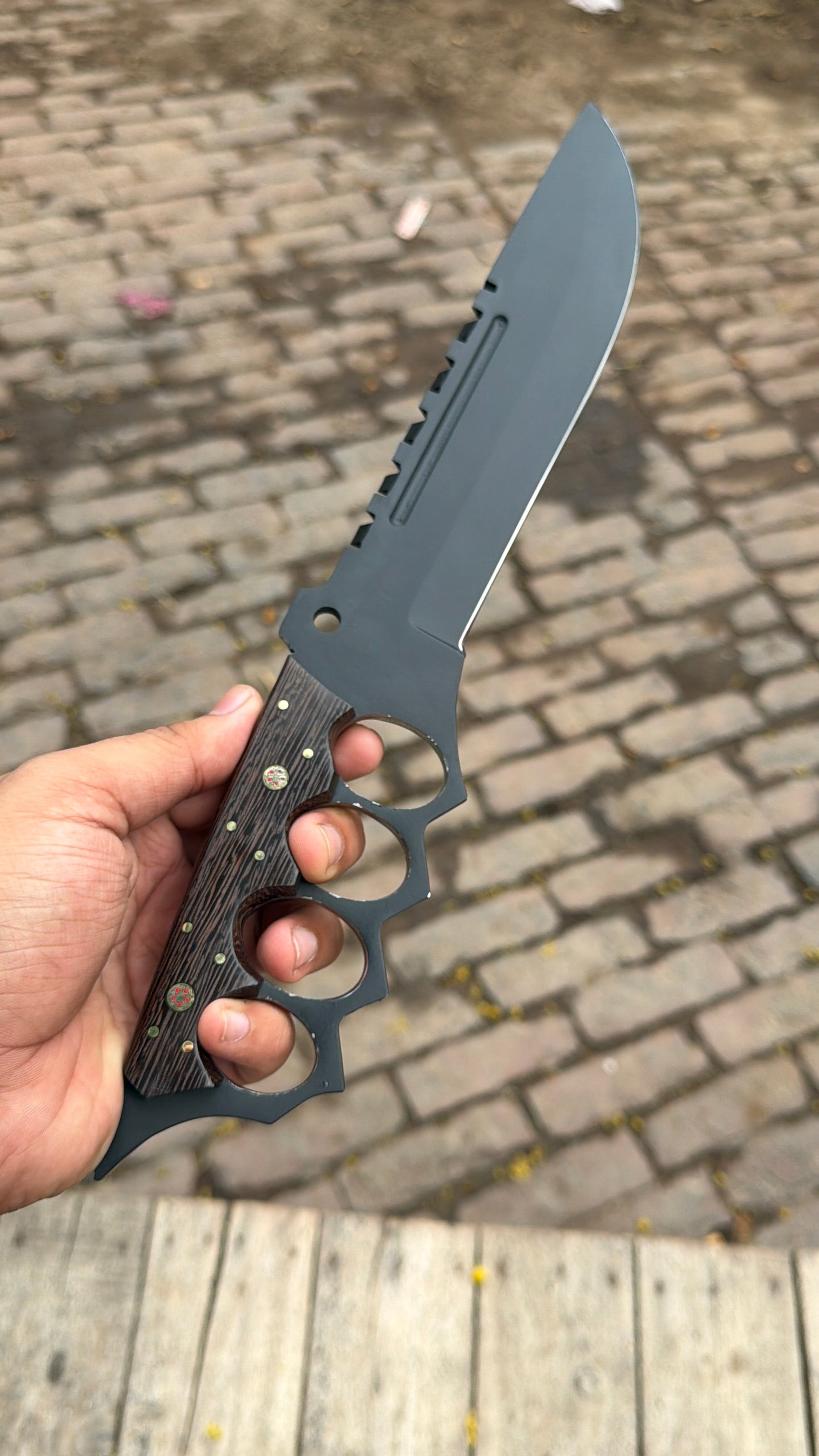 Knuckle Handle Tactical Knife Acid Etched Drop Point Fixed Blade detail view by JW SteelCrafts