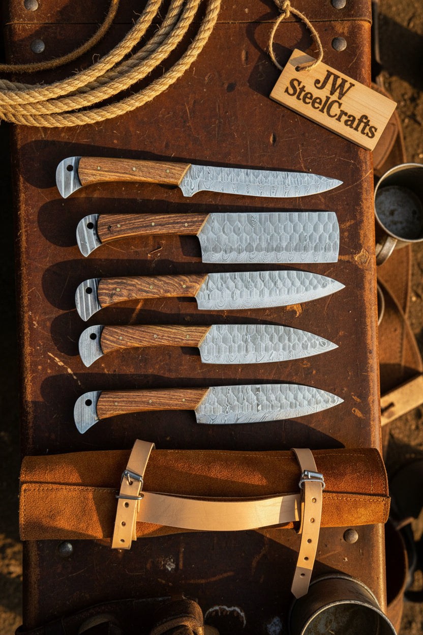 Hand Forged Damascus Chef Knife Set, Natural Wood Handle, Full Tang Kitchen Knife Collection detail view by JW SteelCrafts