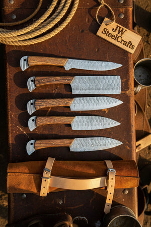 Hand Forged Damascus Chef Knife Set, Natural Wood Handle, Full Tang Kitchen Knife Collection detail view by JW SteelCrafts