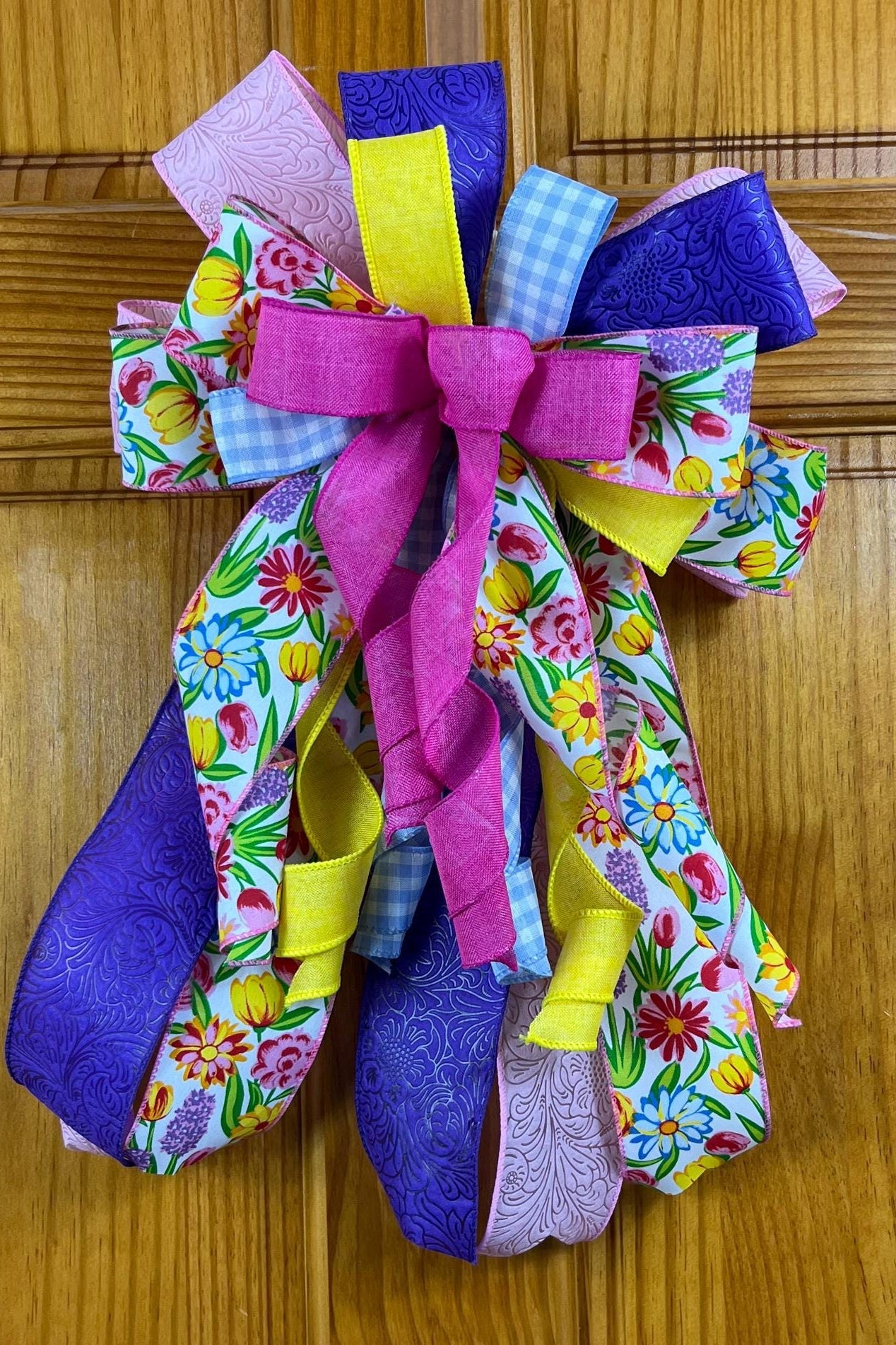 Spring Floral Wreath Bow | Pink, Yellow & Purple by Bouge Creations, view 2