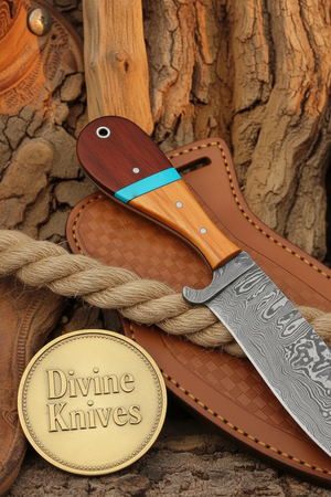 Turquoise Ridge Damascus Bull Cutter with Dual Tone Wood Handle detail view by Divine Knives