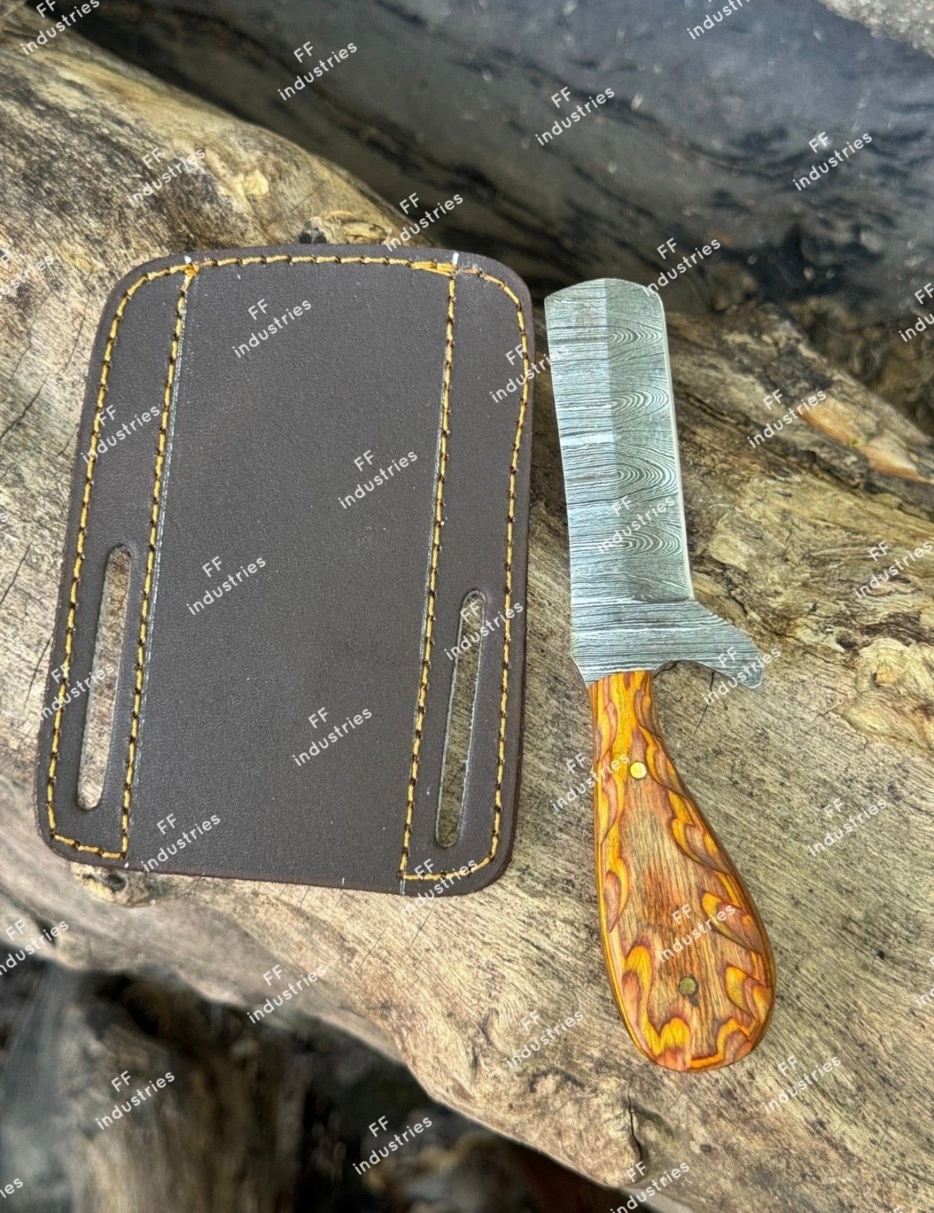 Painted Feather Bull Cutter Knife 7" Handmade Damascus Amber Resin Handle