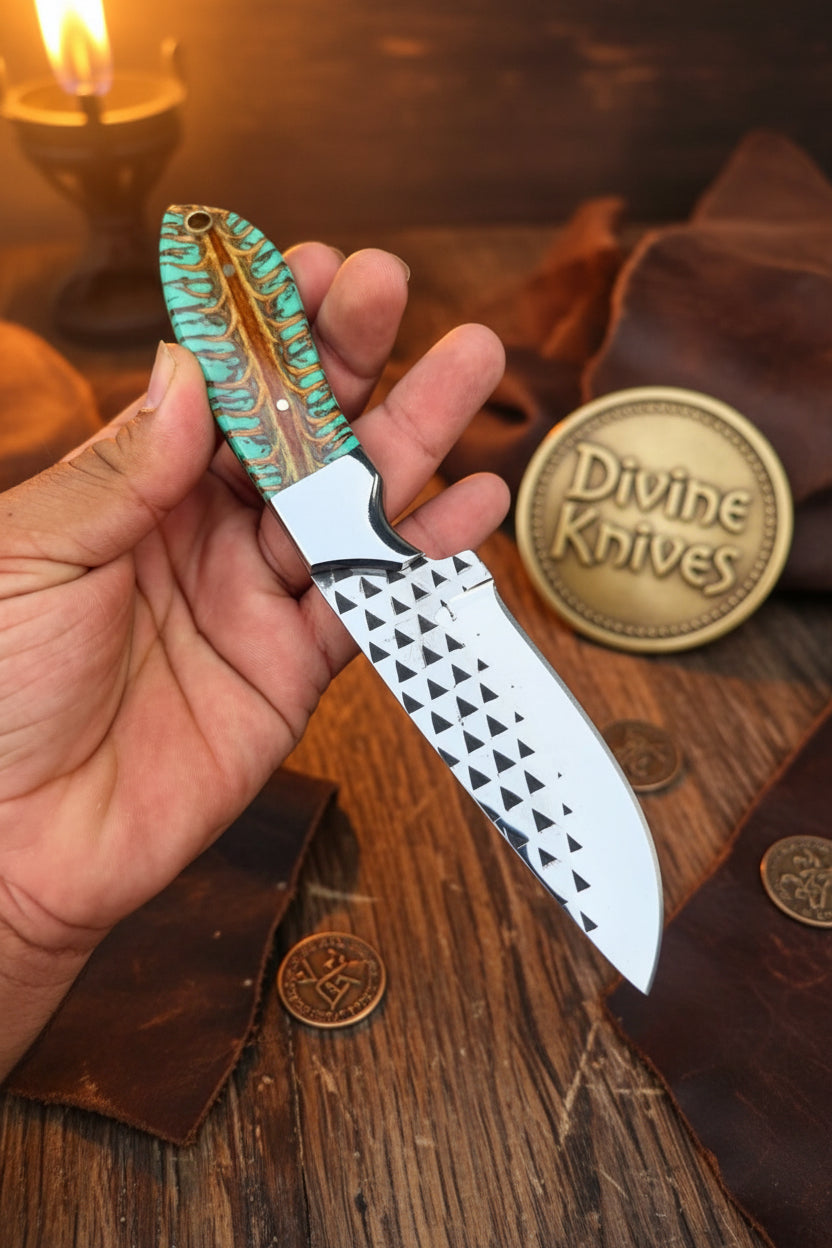 Emerald Pinecone Ranch Skinner Knife with Carved Wood Handle by Divine Knives