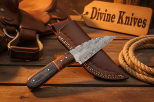 Copper Banded Two-Tone Wood Damascus Clip Point Hunting Knife detail view by Divine Knives