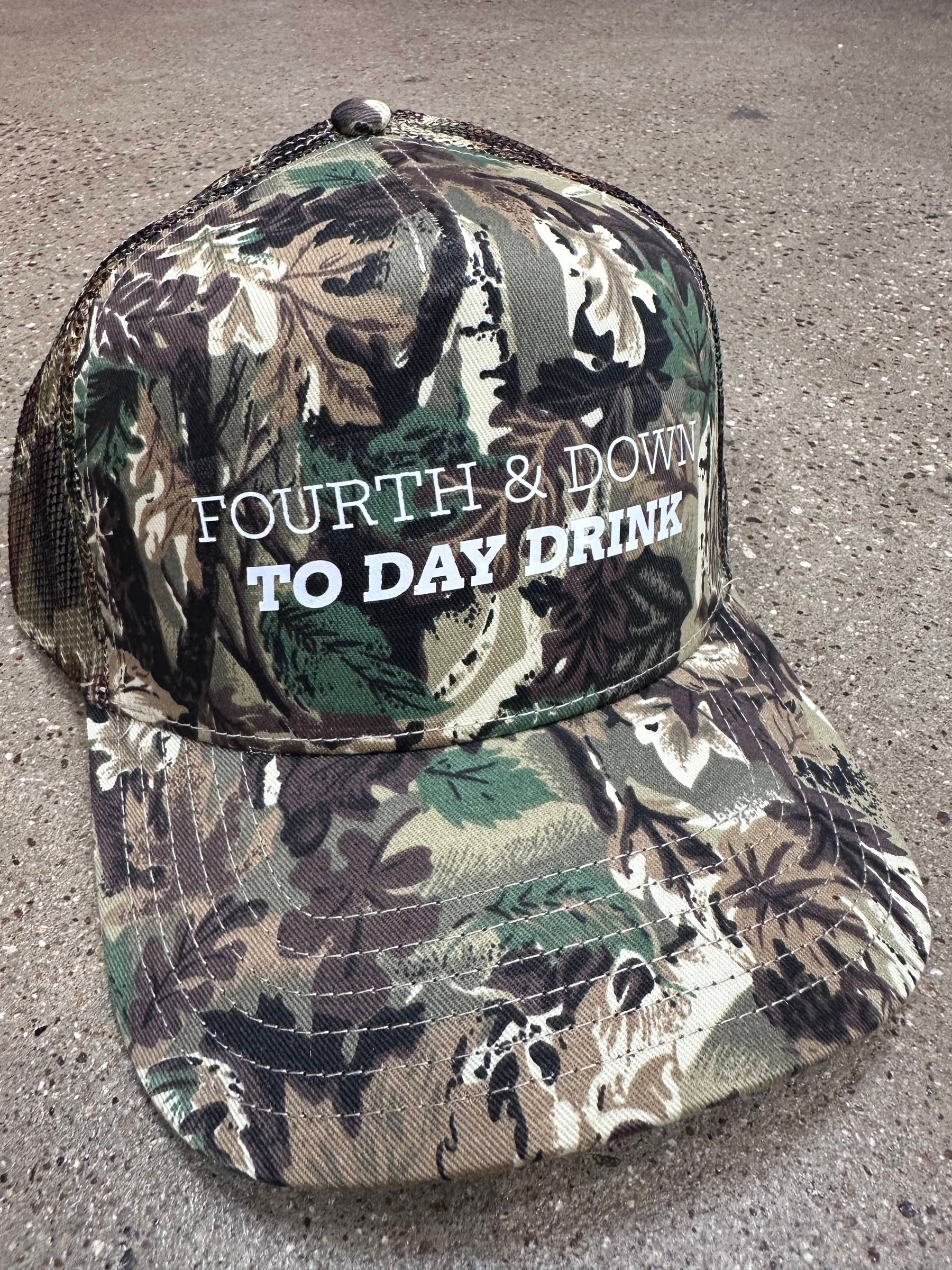 Fourth & Down to Day Drink Real Camo Canvas Trucker Hat detail view by Southern Bliss Company