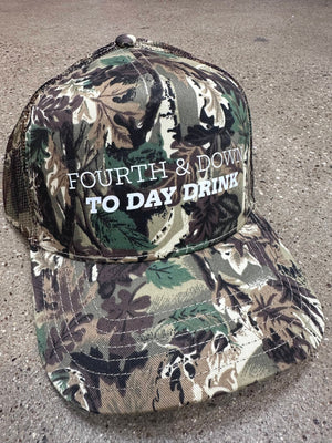Fourth & Down to Day Drink Real Camo Canvas Trucker Hat detail view by Southern Bliss Company