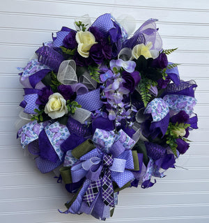 Purple Floral Wreath | Silk Flower Front Door Decor by Bouge Creations, view 2