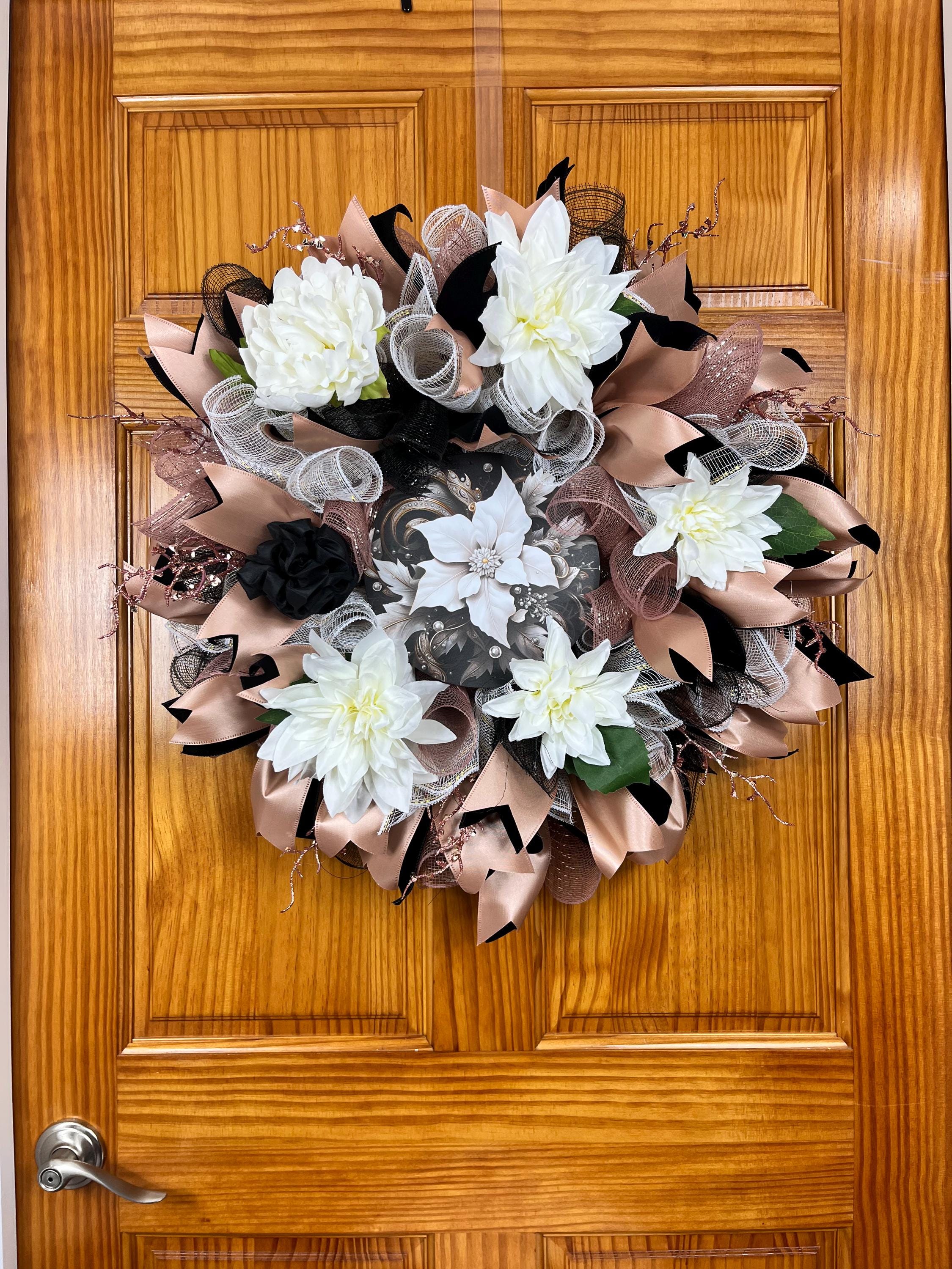 Black & Champagne Dahlia Wreath | Glam Front Door Decor by Bouge Creations, view 3