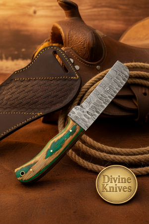 Wawona Cowboy Bull Cutter Knife with Squared Damascus Blade detail view by Divine Knives
