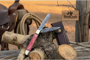 Backwoods Trapper Knife Two Blade Pink Bone Handle Steel Bolster Slip Joint detail view by JW SteelCrafts