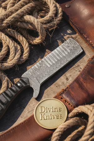 Micarta and Turquoise Bull Cutter with Scale Pattern Damascus Blade detail view by Divine Knives
